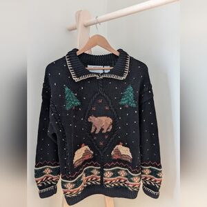 Vintage Cottagecore Abstract Patterned Chunky Textured Collared Sweater In Black